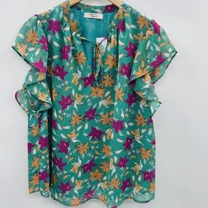 Beacon Apparel Stitch Fix Women’s‎ Flutter Sleeve Floral Blouse in Green, Medium
